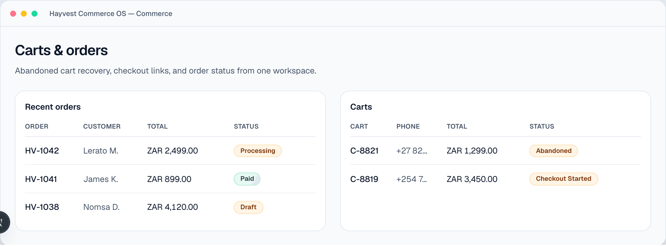 Merchant dashboard showing carts and orders