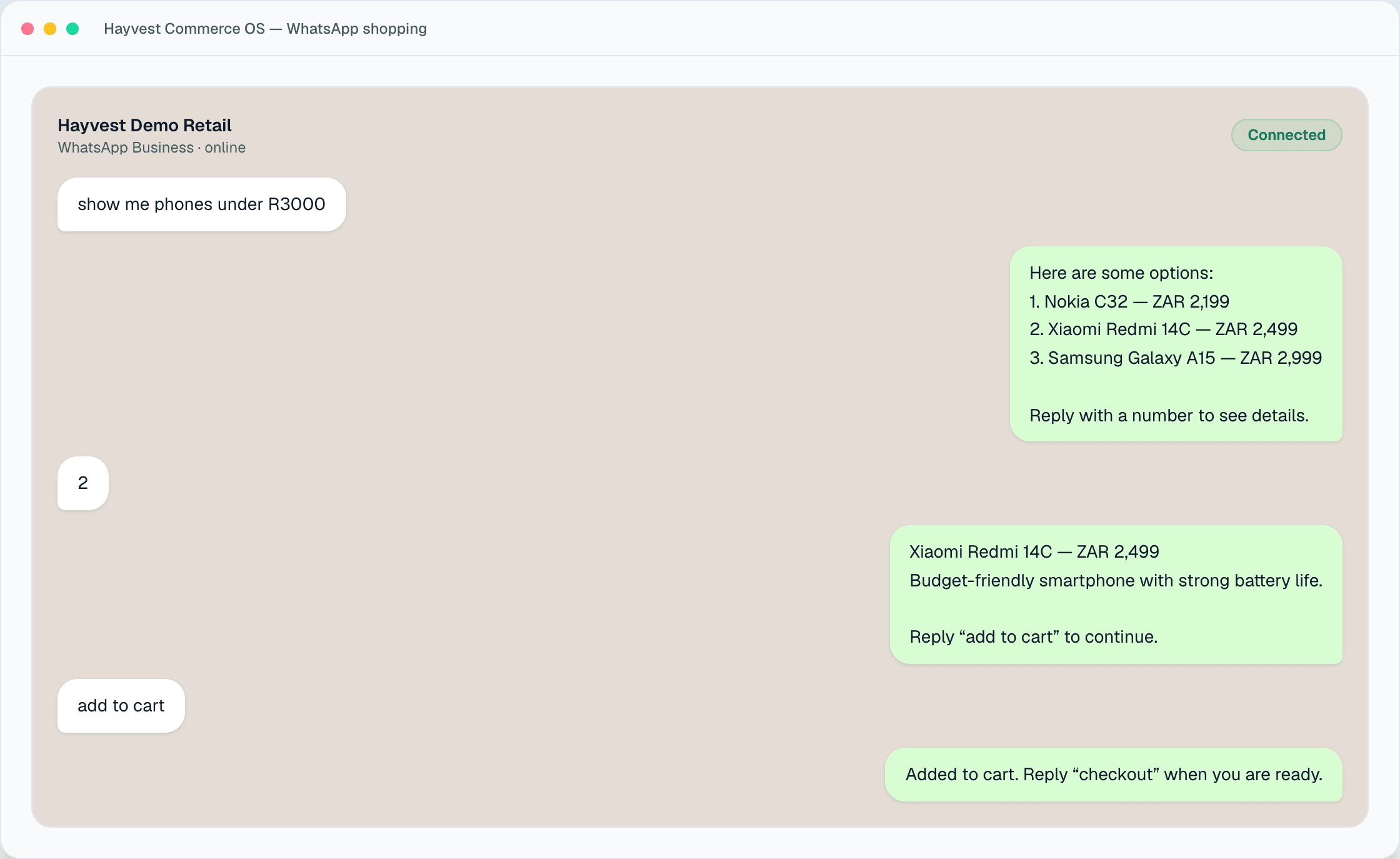 WhatsApp conversation showing product selection and add-to-cart